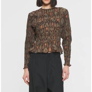 Antik Batik Mani Print Blouse Top Shirt Smocked Crop Long Sleeve Green Black Med